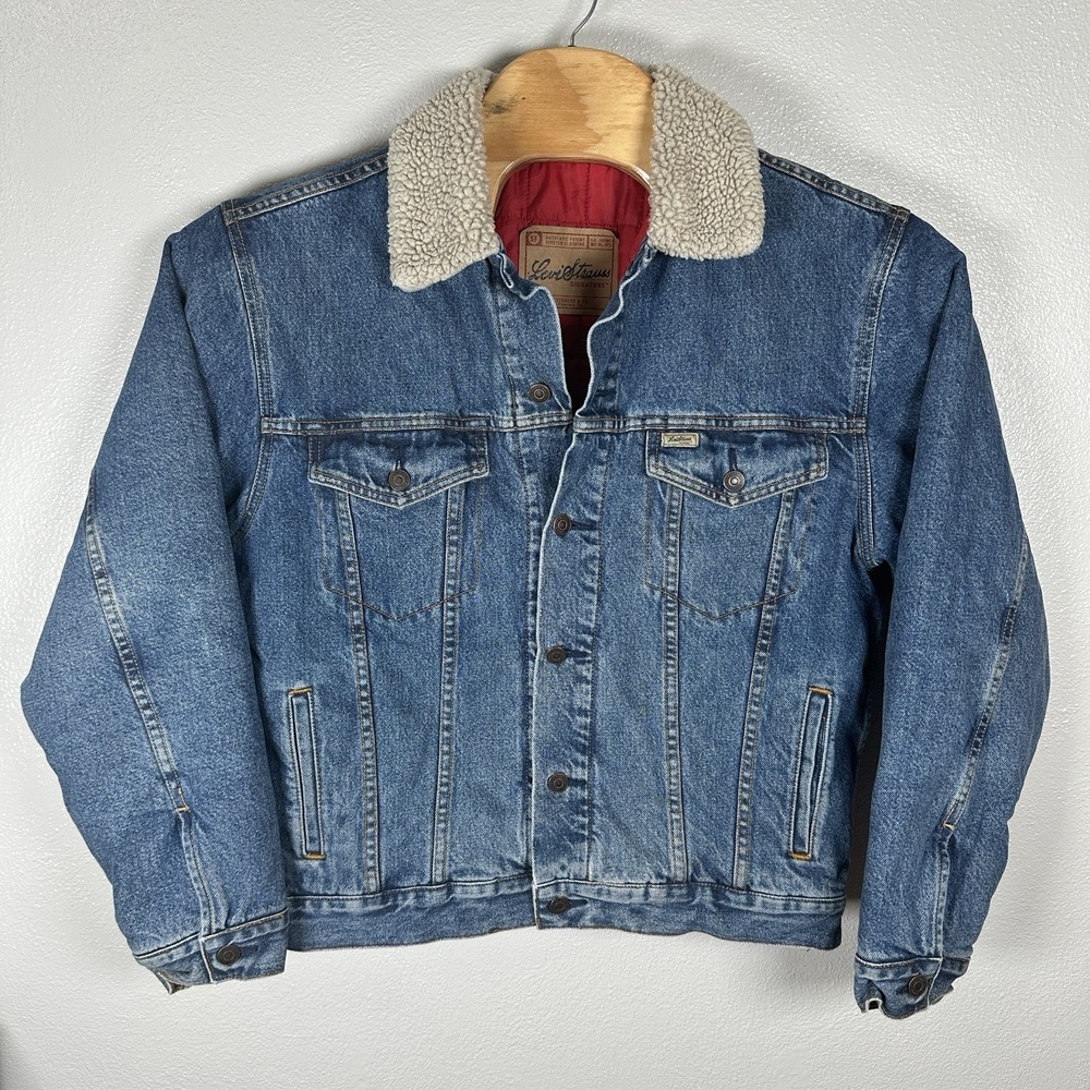 Levi Strauss Signature Denim Trucker Jacket Medium Sherpa Collar Quilted Lined